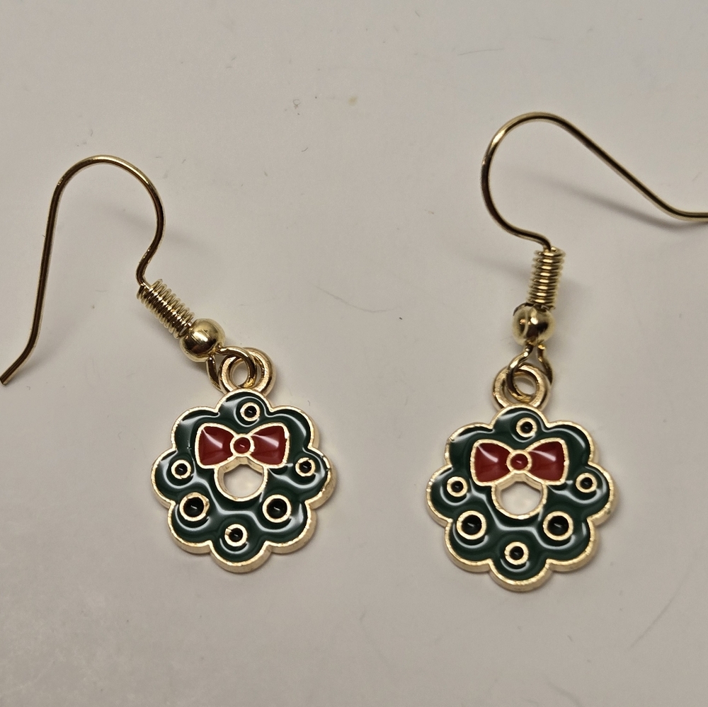 Gold Wire and Green and Red Christmas Wreath Charm Earrings